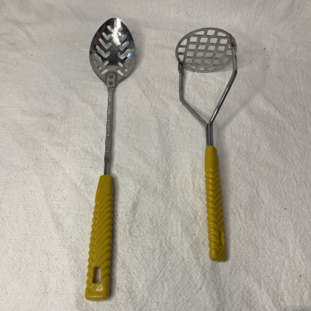 Vintage Action Yellow Handled Slotted Spoon And Potato Masher